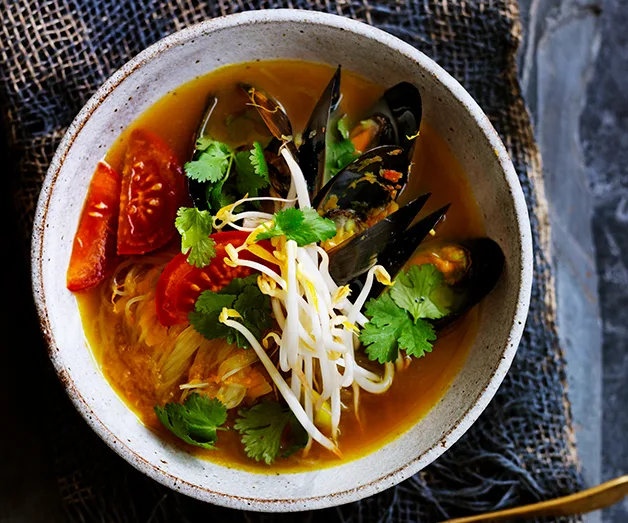 Mussels in fragrant broth with mung bean noodles recipe | Gourmet Traveller