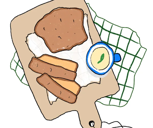 Illustration of sliced banana bread on a wooden chopping board, with a pot of butter, on a white and green checked tea towel.