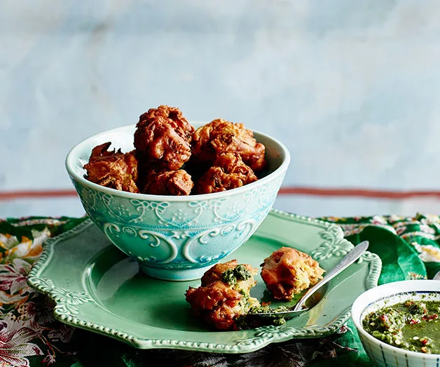 Pekowrahs with coriander and mint chutney