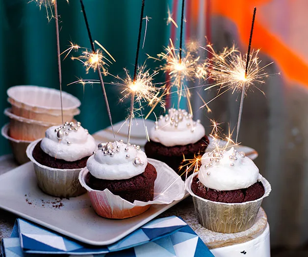 Red velvet cupcakes with cream cheese-marshmallow frosting