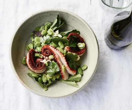 Brae’s barbecued octopus with lemon, broad beans and their leaves