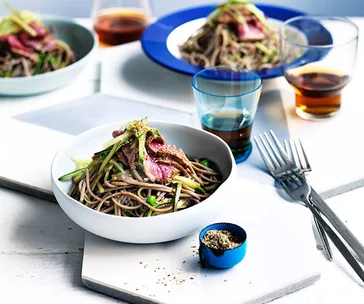Seared soy beef with soba and cucumber