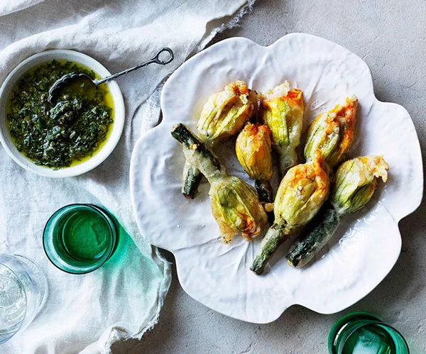 Zucchini Flowers with Ricotta, Parmesan, and Anchovy Sauce