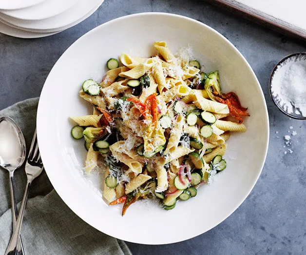 Zucchini flower, mint and pecorino penne