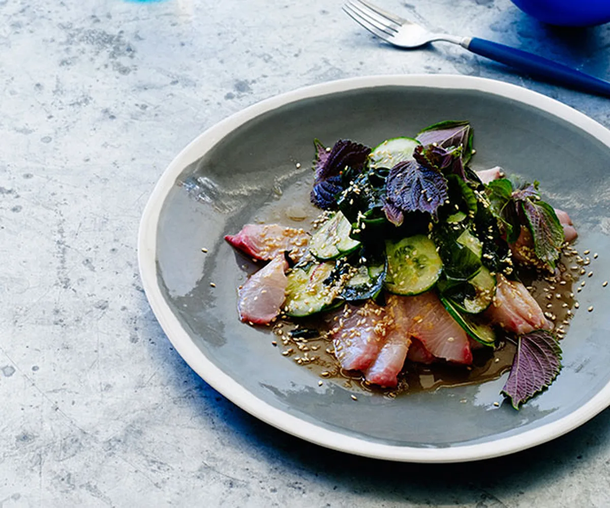 Kingfish and cucumber with soy-ginger dressing