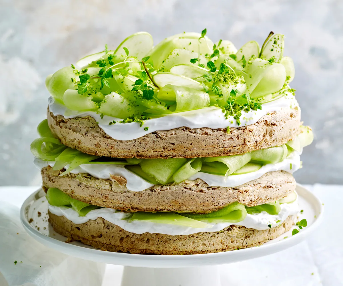 Jaclyn Koludrovic's gluten-free pistachio, lime and coconut cream cake with melon, apple and mint