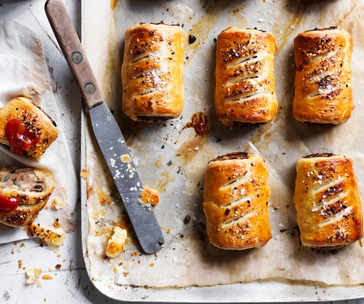 Sausage rolls on a tray