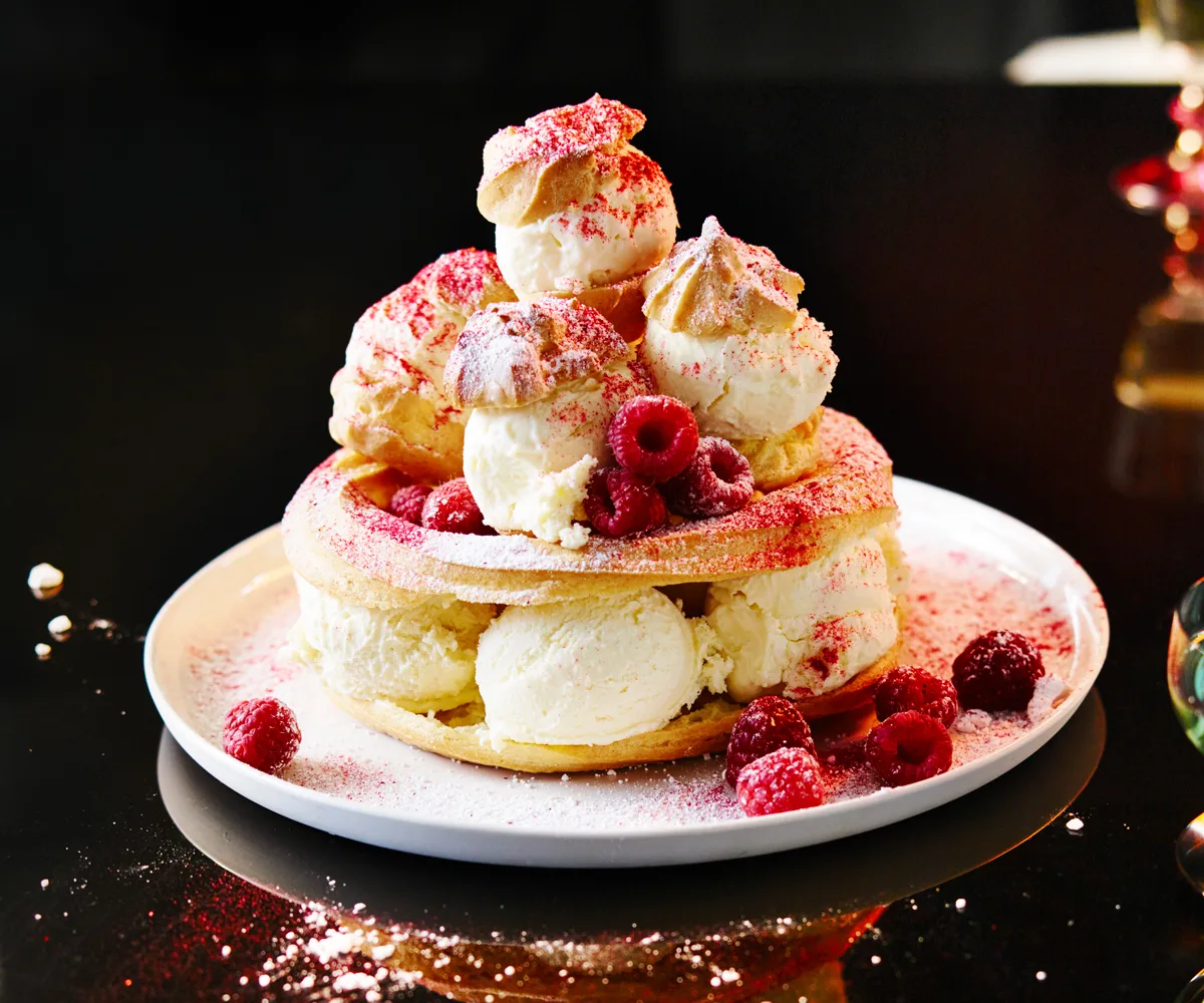 White chocolate and raspberry ice-cream choux stack