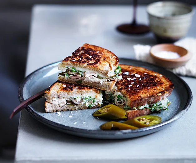Chicken and provolone toasties with pickles and caper a&iuml;oli