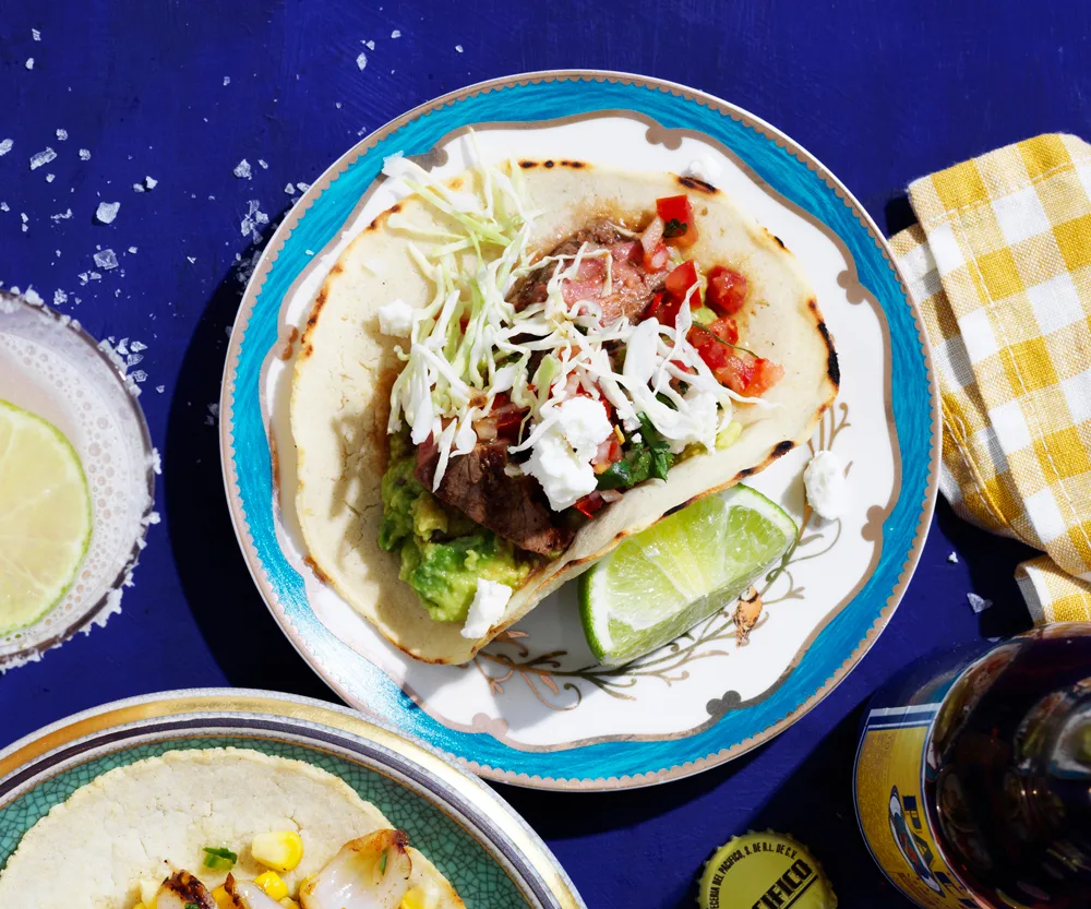 Carne asada tacos with arbol chilli salsa