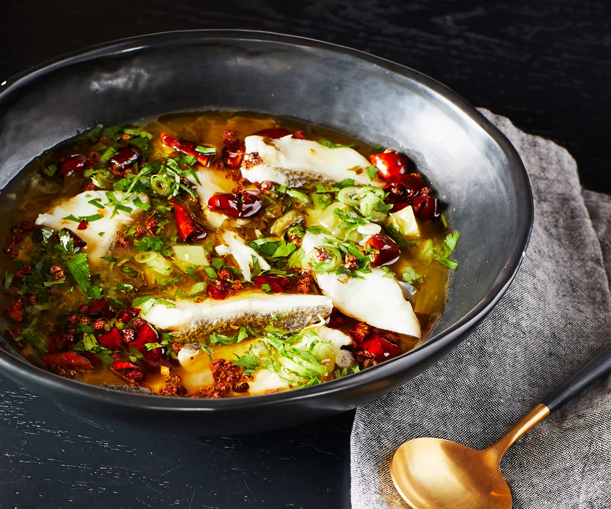 Victor Liong's Sichuan sour and spicy poached fish with pickled mustard greens