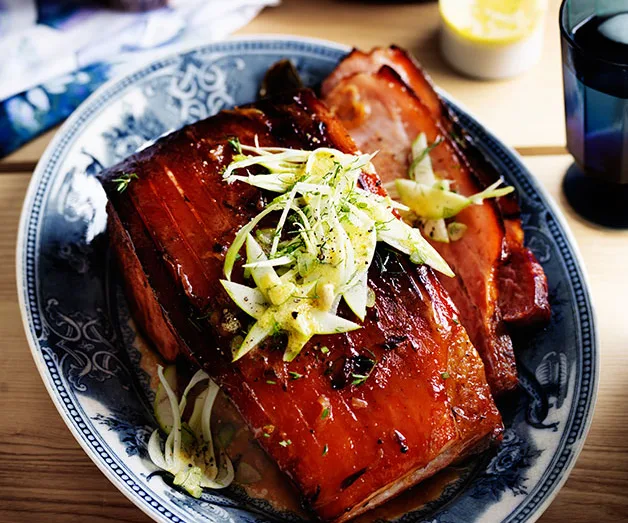 Citrus-glazed sticky bacon with apple and fennel salad