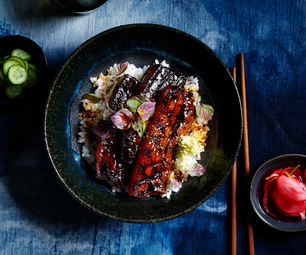 Japanese pork donburi with dark blue background
