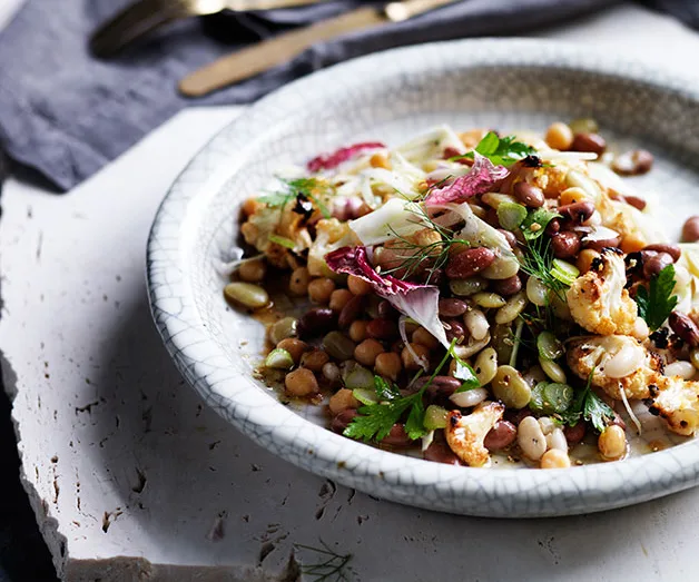 Four-bean salad with roast cauliflower