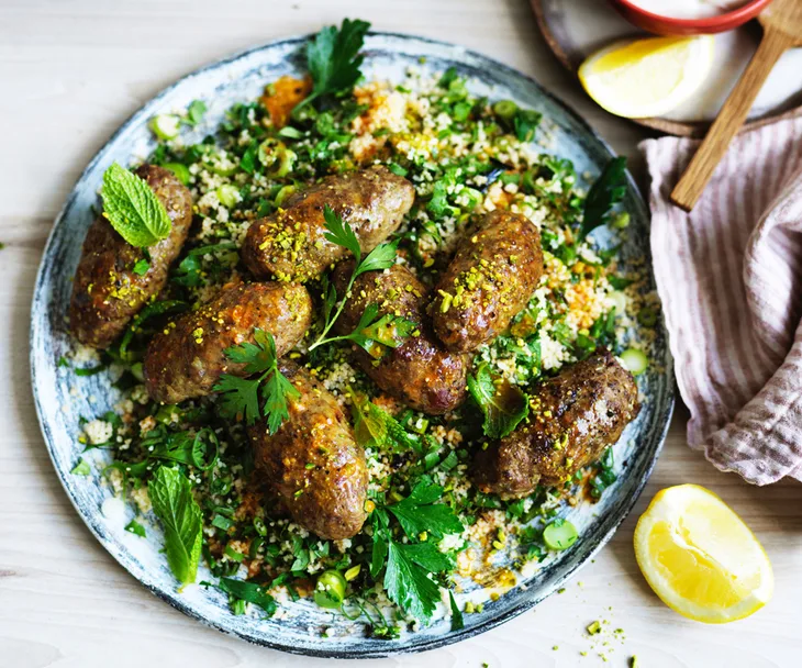 Beef koftas with green couscous and pistachio nuts
