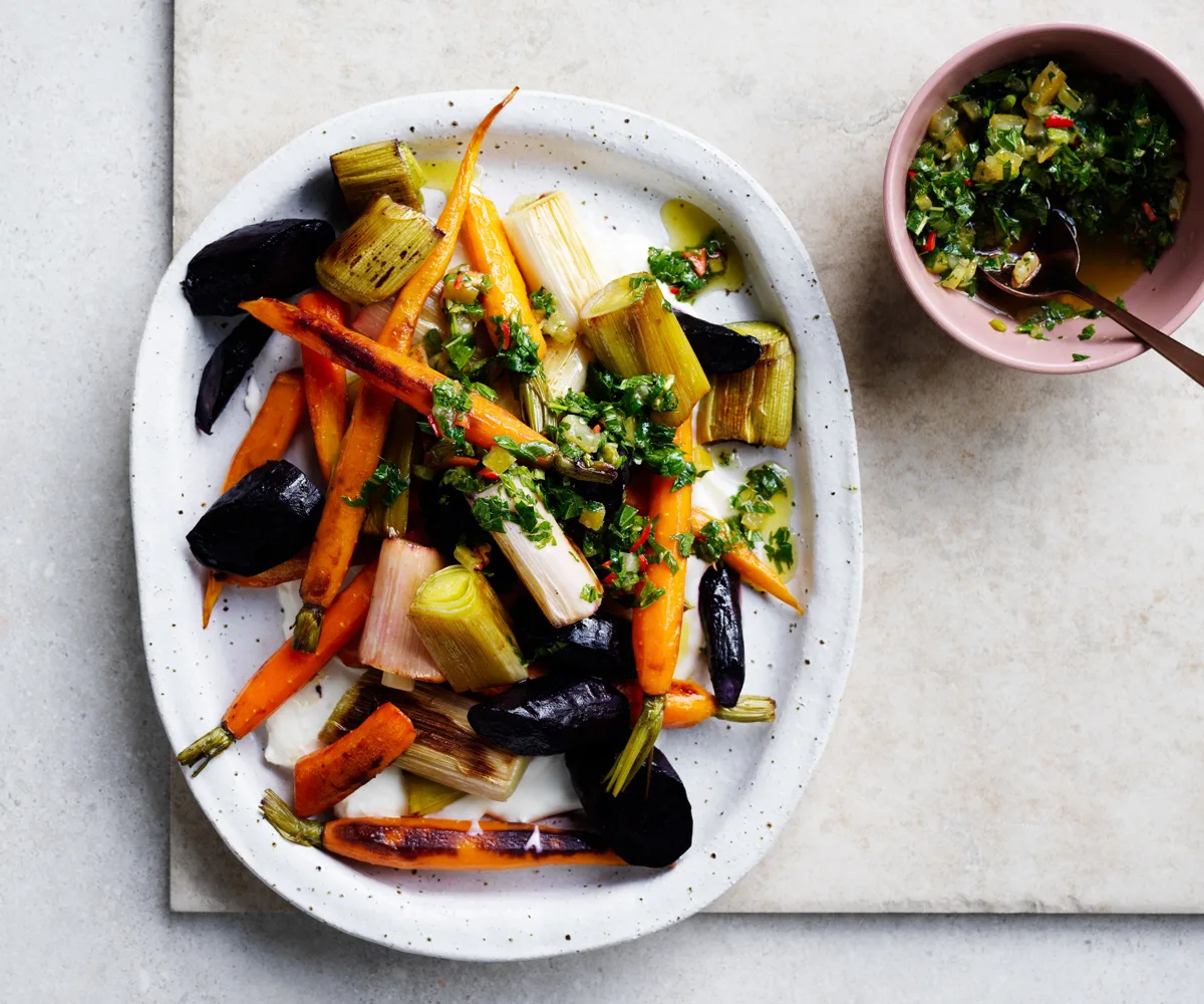 Roasted vegetables with preserved-lemon dressing