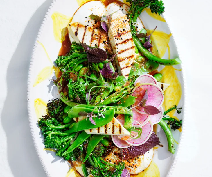 Chargrilled broccolini and tofu salad with soy-yuzu dressing