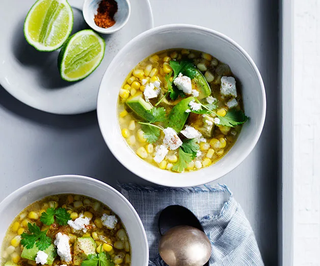 Corn and avocado soup with goat&rsquo;s feta