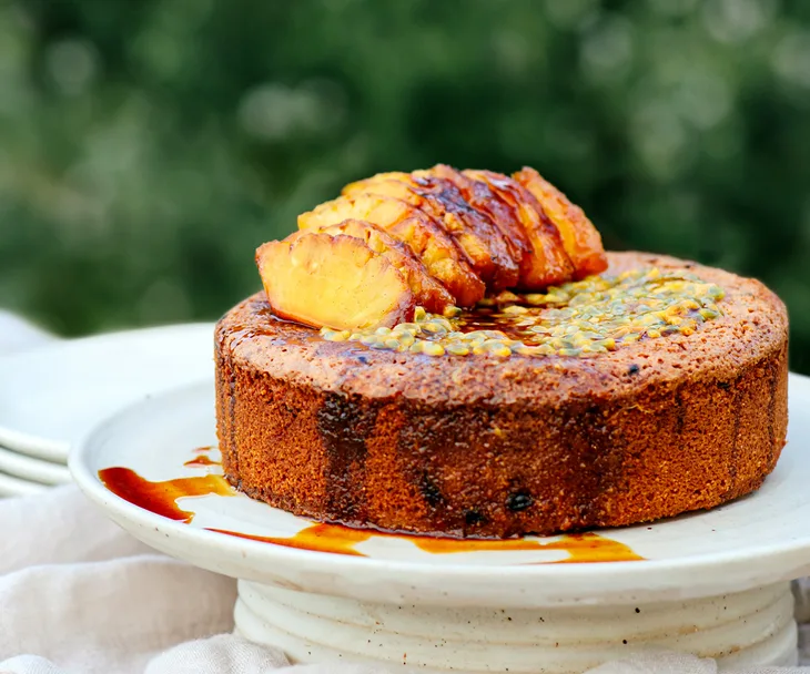 Gluten-free passionfruit and almond cake with honey-roasted pineapple by Frida&rsquo;s Field