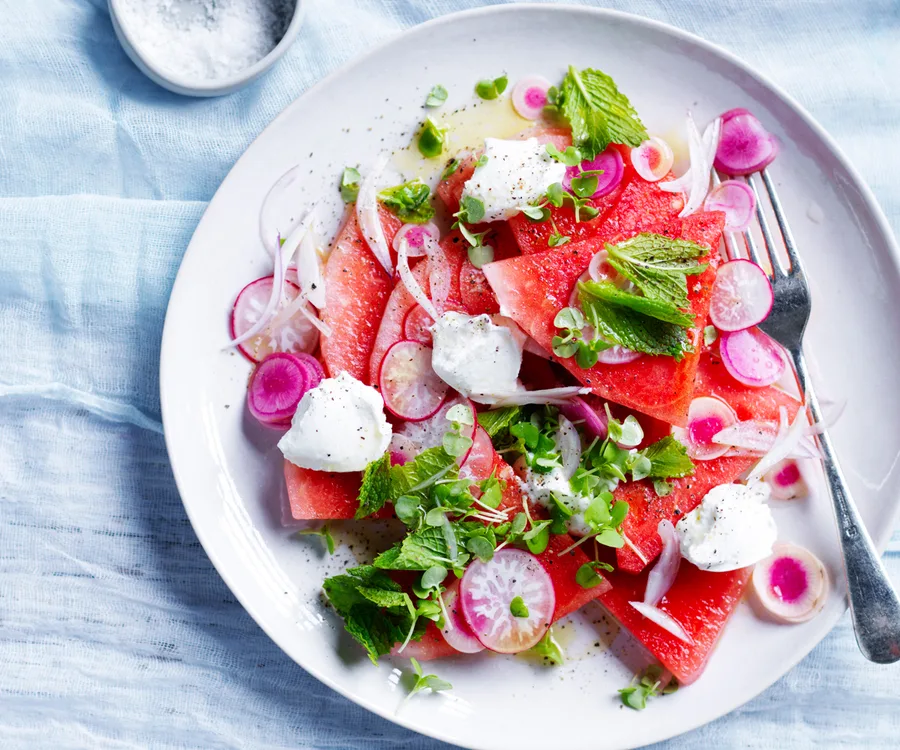 Watermelon and radish salad with goat’s cheese