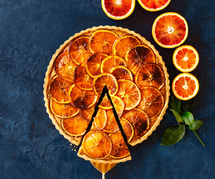 Candied orange and marmalade tart with burnt butter pastry