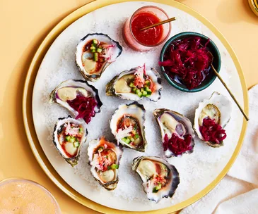 Oysters two ways, with cucumber-lime dressing and cabbage-ginger tsukemono