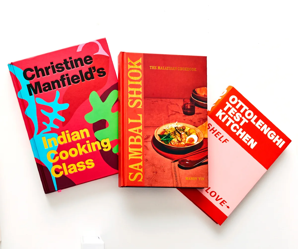 Left to right: Indian Cooking Class by Christine Manfield; Sambal Shiok by Mandy Yin; and Ottolenghi Test Kitchen by Noor Murad and Yotam Ottolenghi