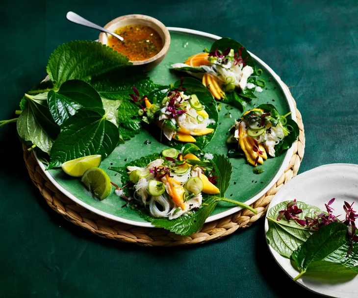 Coconut-poached chicken with mango and perilla