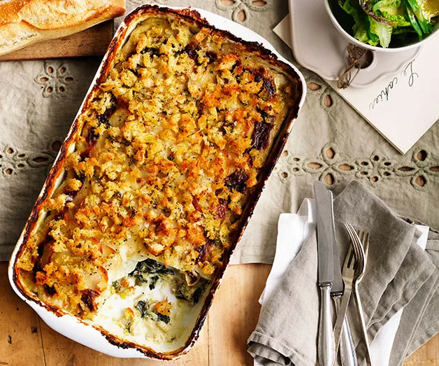 Potato, leek and silverbeet gratin