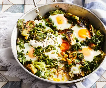 Aerial view of shakshuka with green shakshuka