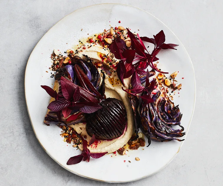 Hasselback beetroot with hummus recipe | Gourmet Traveller
