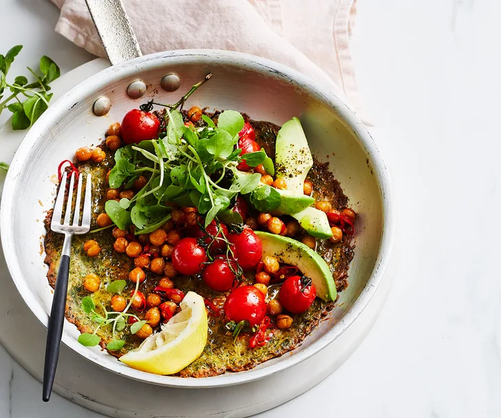 Farinata with blistered tomatoes and chilli chickpeas