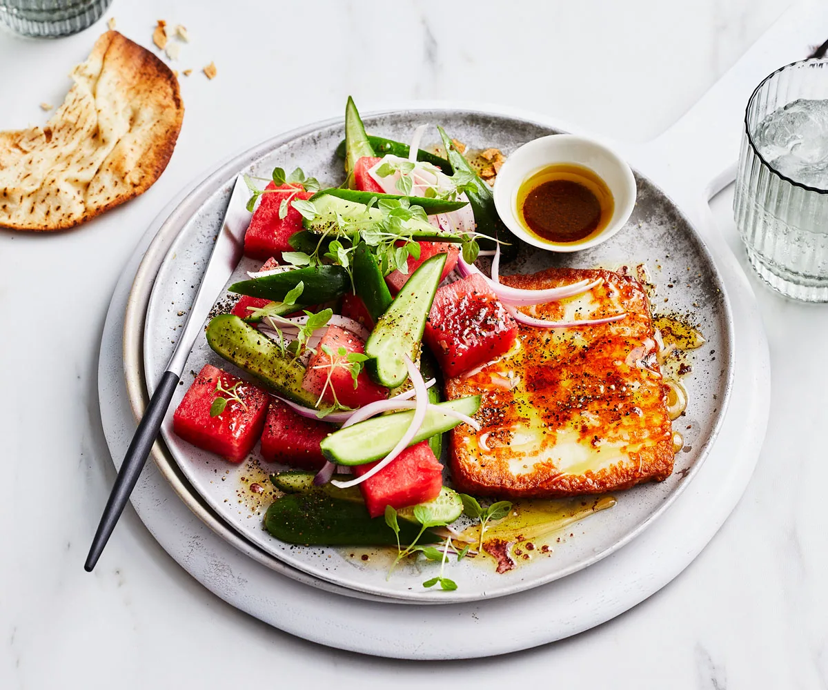 Saganaki cheese with watermelon salad