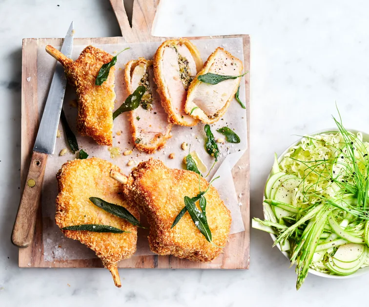 Stuffed pork cutlet with asparagus slaw recipe | Gourmet Traveller