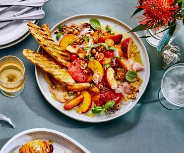 Heirloom tomatoes and peaches with white bean and hazelnut tarator