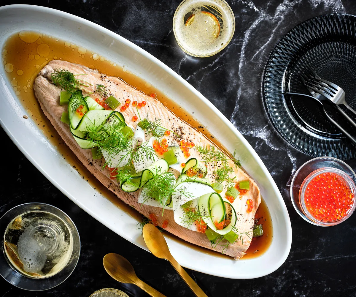 Sake-poached salmon with roe