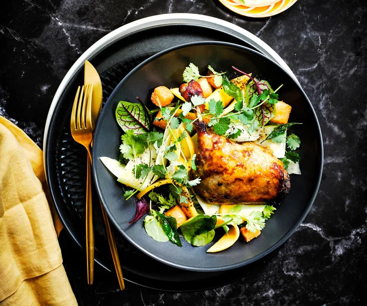 Sticky coronation duck with mango salad