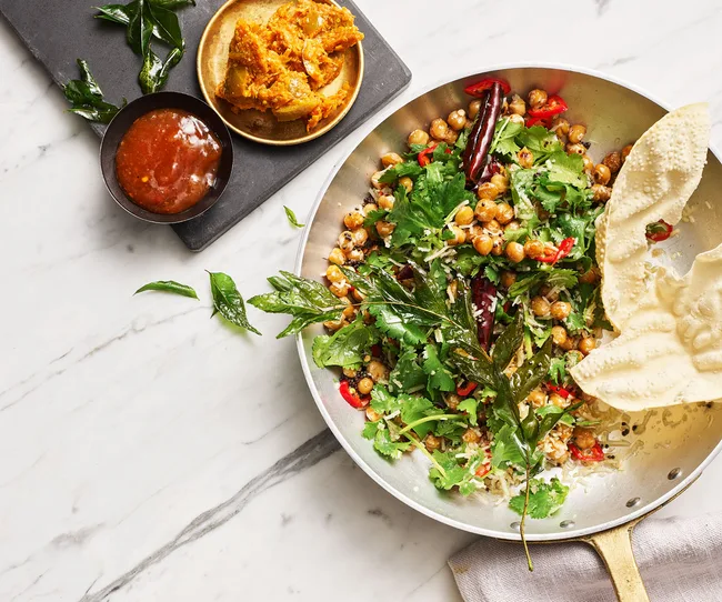 South Indian coconut stir fry with condiments