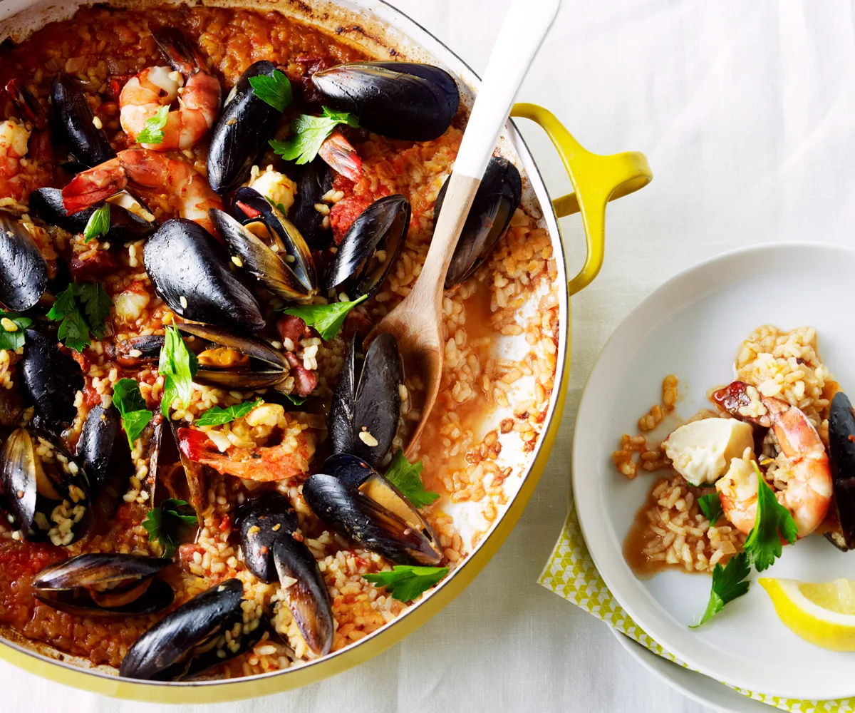 Spanish paella rice dish with mussels and prawns