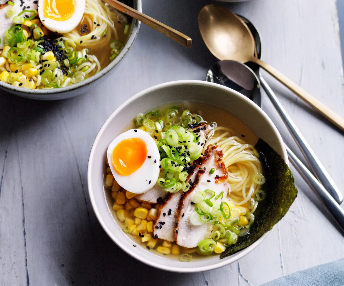 Bowl of smoked chicken ramen with corn