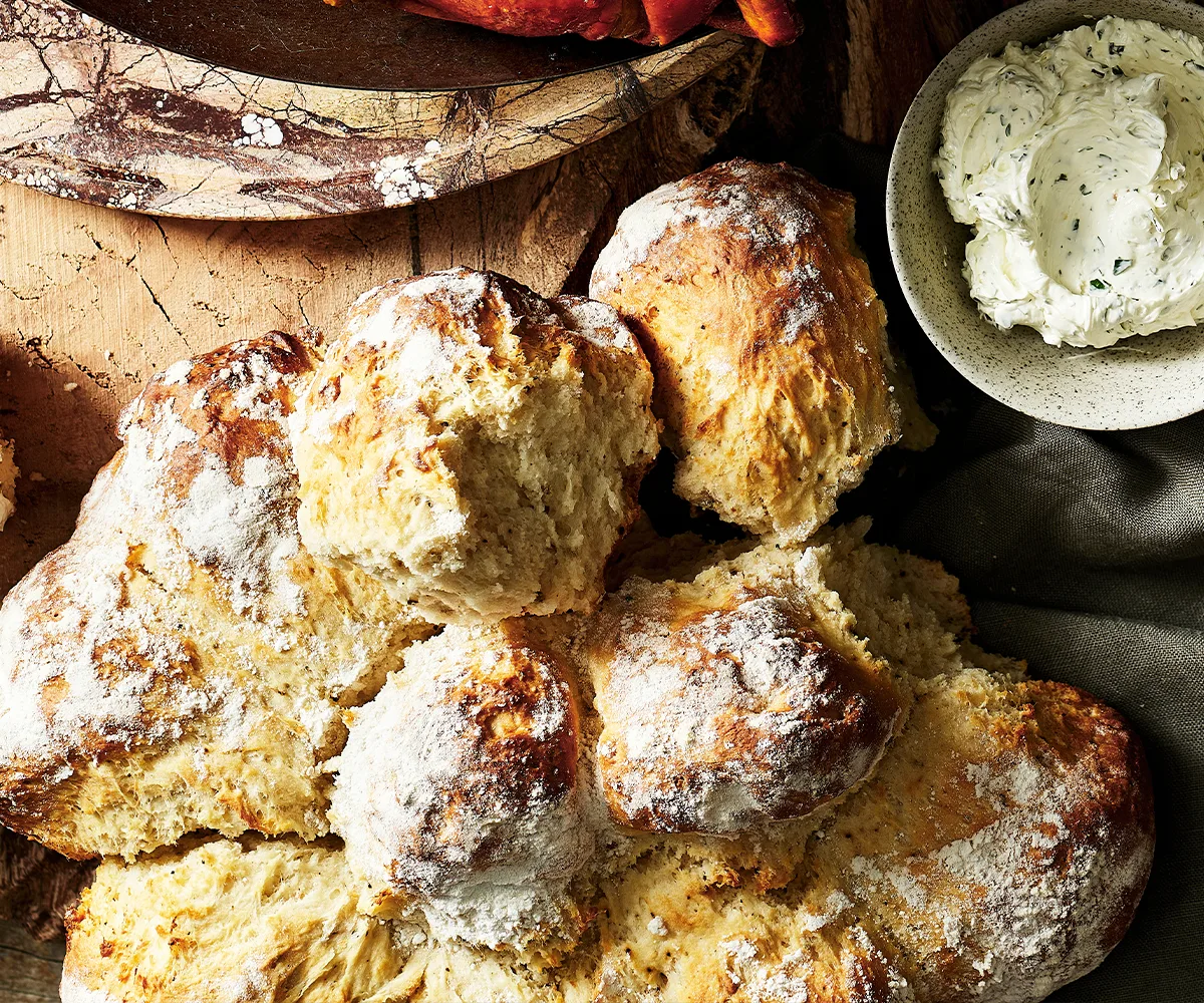 Damper recipe made with wattleseed and bush tomato served with native parsley butter