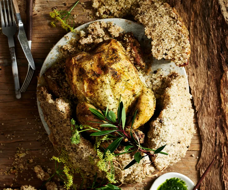 Salt baked chicken in pepperberry and wild fennel