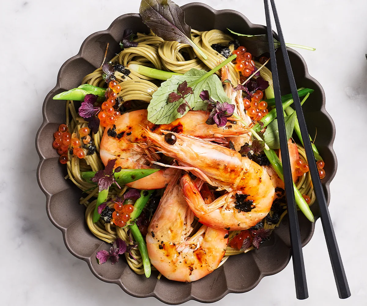 Soba noodles with nori sesame butter and sake grilled prawns