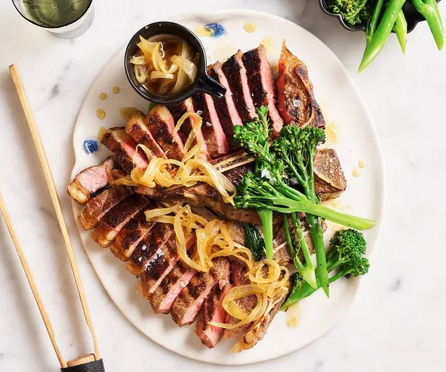 Steak with caramelised onion and ginger ponzu