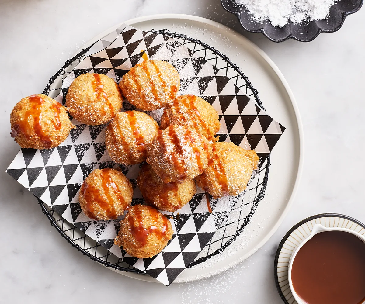 Japanese inspired Sweet tofu doughnuts with yuzu salted caramel