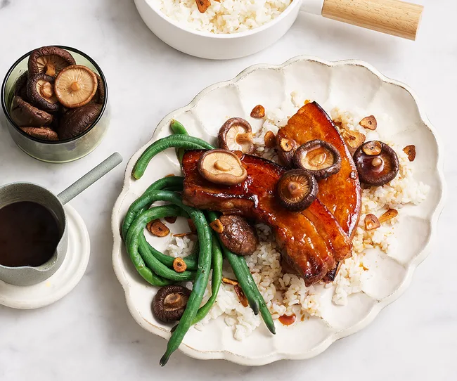 Pork belly with mirin glaze, ginger rice and pickled shiitake mushrooms