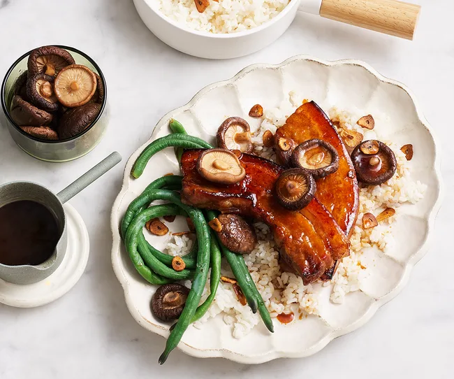 Pork belly with mirin glaze, ginger rice and pickled shiitake mushrooms