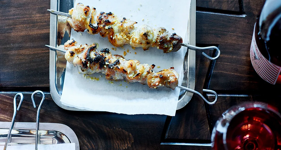 Grilled chicken sticks in chicken fat and sesame recipe | Gourmet Traveller