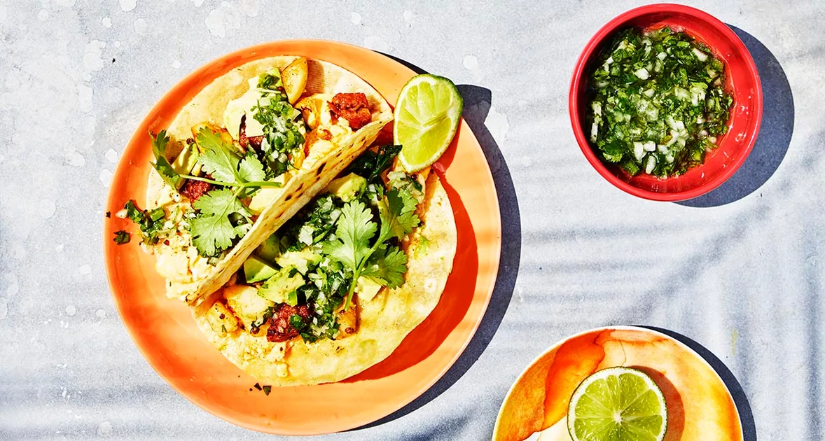Potato, Chorizo and Egg Tacos with Salsa Verde
