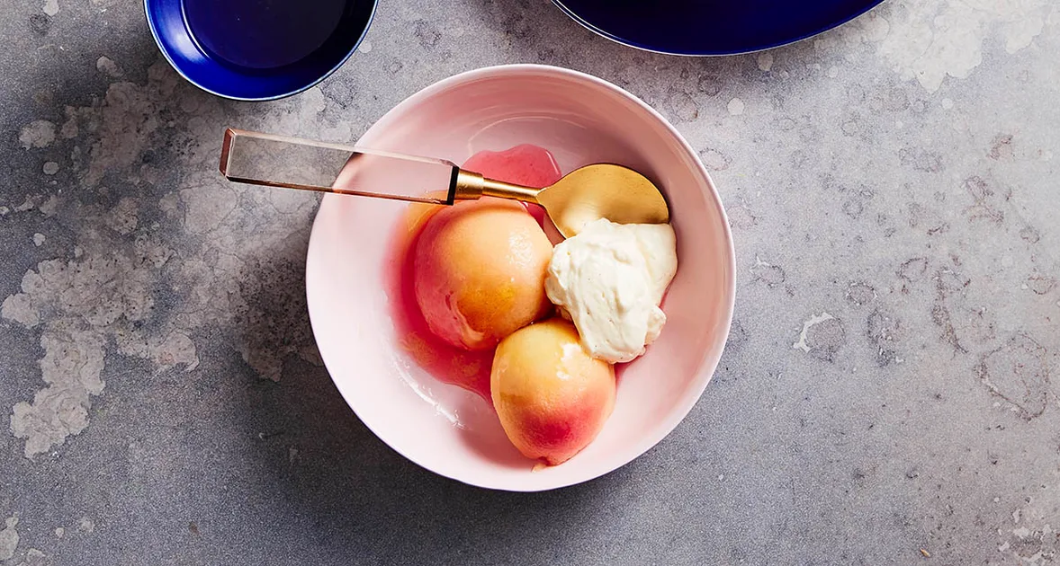 White peaches with rosewater, honey and fromage blanc recipe | Gourmet Traveller
